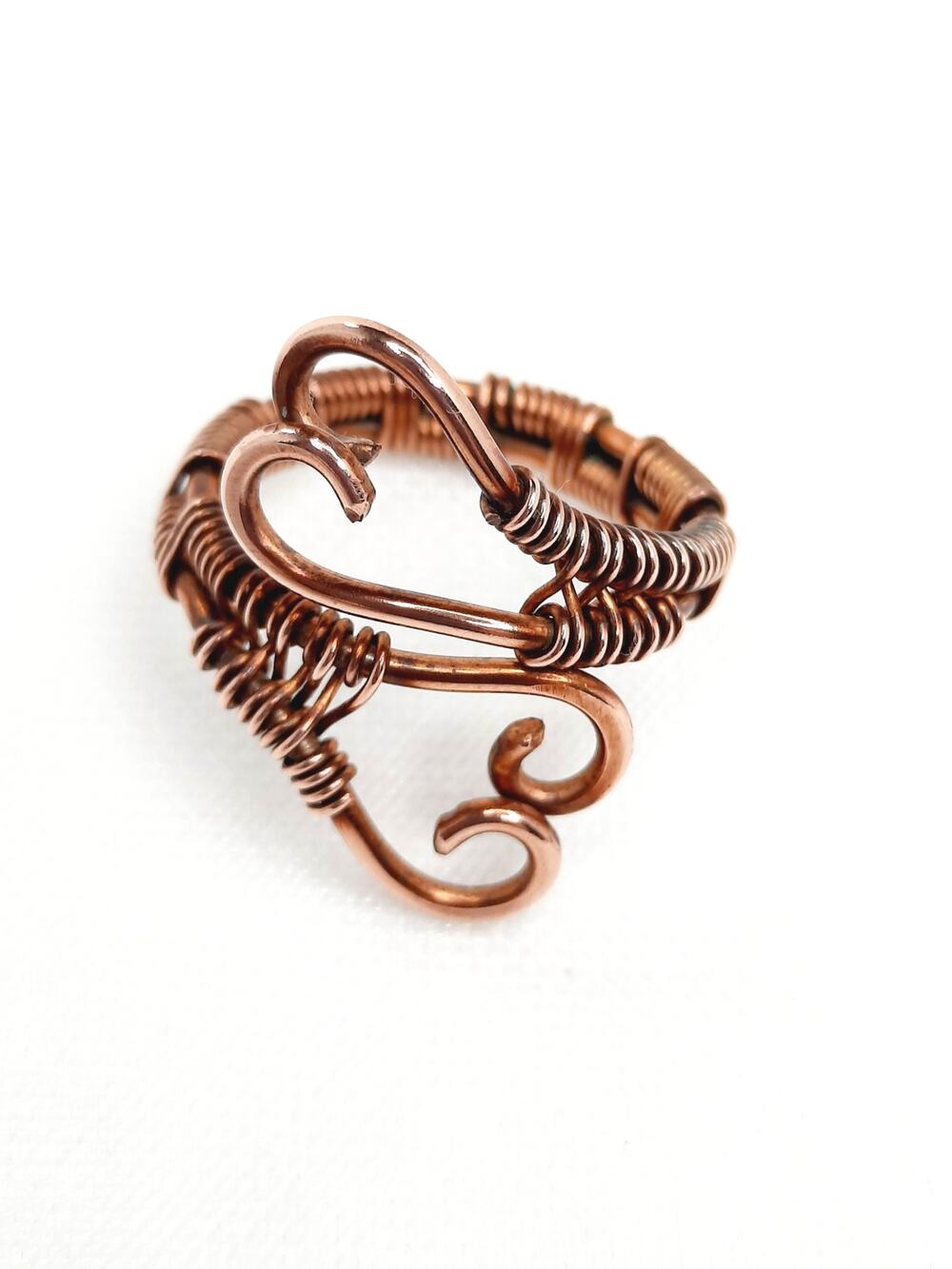 Artisan Made Double Heart Ring Copper Wire Wrapped Weaving Unisex Adjustable